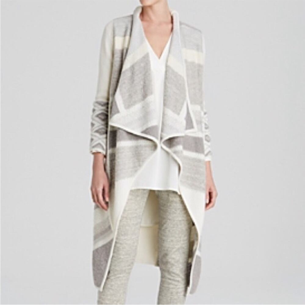 Vince Textured Graphic Wool Cardigan Cream Grey Duster Knit Sweater S
